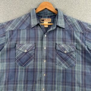 Big Mac Button Up Shirt Mens Blue Plaid Short Sleeve Pearl Snap Western Workwear